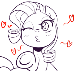 Size: 561x520 | Tagged: safe, artist:maren, character:rarity, species:pony, species:unicorn, g4, blowing a kiss, heart, kissy face, monochrome, solo, wink