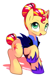 Size: 1133x1592 | Tagged: safe, artist:maren, character:sunset shimmer, species:pony, species:unicorn, g4, alternate costumes, alternate hairstyle, alternate timeline, backwards cutie mark, night maid rarity, night maid sunset, nightmare takeover timeline, open mouth, raised hoof, simple background, solo