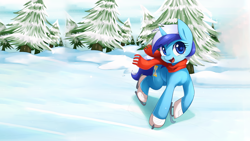 Size: 1920x1080 | Tagged: safe, artist:maren, edit, character:minuette, species:pony, species:unicorn, g4, clothing, cute, ice skates, ice skating, looking at you, minubetes, open mouth, scarf, smiling, snow, solo, tree, wallpaper, wallpaper edit, winter