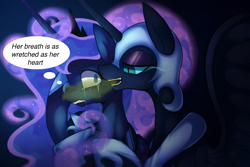 Size: 1200x800 | Tagged: source needed, safe, artist:maren, edit, character:nightmare moon, character:princess luna, g4, bad breath, bedroom eyes, crying, duality, gritted teeth, holding, open mouth, scared, smiling, wide eyes