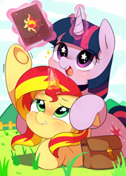 Size: 2220x3106 | Tagged: safe, artist:maren, character:sunset shimmer, character:twilight sparkle, character:twilight sparkle (alicorn), species:alicorn, species:pony, species:unicorn, g4, book, cute, shimmerbetes, twiabetes, wingding eyes