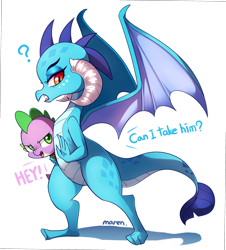 Size: 2590x2869 | Tagged: safe, artist:maren, character:princess ember, character:spike, species:dragon, ship:emberspike, episode:gauntlet of fire, g4, my little pony: friendship is magic, carrying, dialogue, female, male, question mark, shipping, straight, tsundember, tsundere