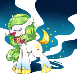 Size: 953x960 | Tagged: safe, artist:maren, oc, oc only, species:pony, species:unicorn, g4, eyes closed, neck bow, solo, stars