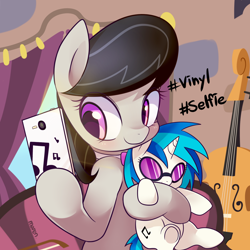 Size: 1600x1600 | Tagged: safe, artist:maren, character:dj pon-3, character:octavia melody, character:vinyl scratch, species:pony, ship:scratchtavia, g4, cute, female, hashtag, lesbian, mare, plushie, selfie, shipping, solo