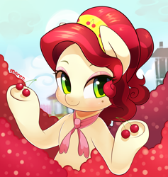 Size: 1800x1900 | Tagged: safe, artist:maren, character:cherry jubilee, species:earth pony, species:pony, g4, beauty mark, cherry, cute, eyeshadow, food, hoof hold, looking at you, makeup, pile, smiling, solo, underhoof