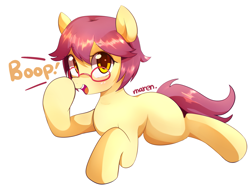 Size: 1599x1209 | Tagged: safe, artist:maren, oc, oc only, oc:karen miyu, species:earth pony, species:pony, g4, art trade, blank flank, boop, cute, female, glasses, looking at you, mare, ocbetes, open mouth, prone, self-boop, short hair, simple background, smiling, solo, white background
