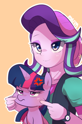 Size: 670x1015 | Tagged: safe, artist:maren, character:starlight glimmer, character:twilight sparkle, character:twilight sparkle (alicorn), character:twilight sparkle (eqg), species:alicorn, species:eqg human, species:pony, g4, my little pony:equestria girls, annoyed, beanie, cheek pinch, clothing, cross-popping veins, cute, duo, eyeshadow, female, glimmerbetes, hat, makeup, mare, simple background, smiling, squishy cheeks, twiabetes, watch