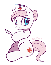 Size: 860x1083 | Tagged: safe, artist:maren, character:nurse redheart, species:earth pony, species:pony, g4, cute, female, heartabetes, looking at you, mare, nurse, old cutie mark, simple background, sitting, smiling, solo, white background