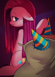 Size: 1159x1600 | Tagged: safe, artist:maren, character:pinkamena diane pie, character:pinkie pie, species:pony, g4, clothing, hat, madame leflour, party hat, sad, sitting
