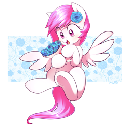 Size: 1600x1600 | Tagged: safe, artist:maren, oc, oc only, species:pony, g4, abstract background, cute, female, flower, flower in hair, mare, ocbetes, rose, smiling, solo