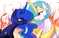 Size: 1549x1011 | Tagged: safe, artist:maren, character:princess celestia, character:princess luna, species:alicorn, species:pony, episode:a royal problem, g4, my little pony: friendship is magic, aweeg*, banana, crown, duo, eating, eye contact, faceoff, female, food, jewelry, looking at each other, magic, mare, peytral, regalia, royal sisters, simple background, telekinesis