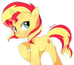 Size: 731x640 | Tagged: safe, artist:maren, character:sunset shimmer, species:pony, species:unicorn, g4, cute, looking at you, raised hoof, shimmerbetes, smiling, solo