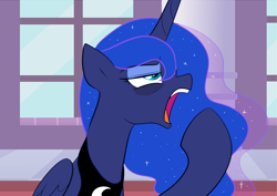 Size: 1016x720 | Tagged: safe, artist:maren, character:princess luna, species:alicorn, species:pony, episode:a royal problem, g4, my little pony: friendship is magic, annoyed, bags under eyes, female, lidded eyes, mare, open mouth, peytral, raised hoof, solo, tired, waking up, yawn