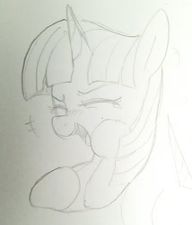 Size: 947x1105 | Tagged: safe, artist:maren, character:twilight sparkle, species:pony, g4, bust, doodle, female, laughing, mare, monochrome, open mouth, solo, traditional art