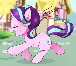 Size: 1151x998 | Tagged: safe, artist:maren, character:starlight glimmer, species:pony, species:unicorn, g4, blushing, crying, dialogue, eyes closed, female, mare, ponyville, running, smiling, solo, yelling