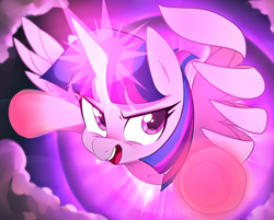 Size: 1600x1286 | Tagged: safe, artist:maren, character:twilight sparkle, character:twilight sparkle (alicorn), species:alicorn, species:pony, g4, female, flying, glowing horn, mare, open mouth, smiling, smirk, solo