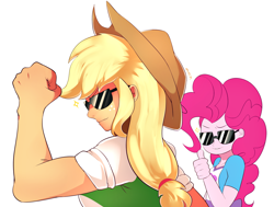 Size: 1600x1209 | Tagged: safe, artist:maren, character:applejack, character:pinkie pie, species:eqg human, g4, my little pony:equestria girls, applejacked, clothing, cowboy hat, duo, freckles, hat, muscles, shirt, simple background, smiling, stetson, sunglasses, thumbs up, white background