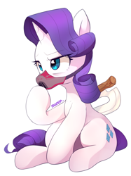 Size: 896x1199 | Tagged: safe, artist:maren, character:rarity, species:pony, species:unicorn, g4, distopia, female, mare, mask, signature, simple background, sitting, solo