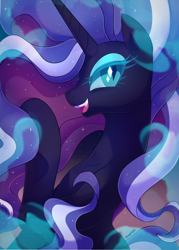 Size: 1500x2092 | Tagged: safe, artist:maren, idw, character:nightmare rarity, character:rarity, species:pony, species:unicorn, g4, female, looking at you, mare, open mouth, profile, smiling, solo