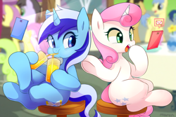 Size: 2374x1590 | Tagged: safe, artist:maren, character:blues, character:caramel, character:daisy, character:goldengrape, character:minuette, character:noteworthy, character:parasol, character:rainbow swoop, character:spectrum, character:twinkleshine, species:pony, species:unicorn, ship:twinklette, g4, cellphone, cup, cute, drinking, female, lesbian, mare, minubetes, phone, rainbow swoop, shipping, sitting, smiling, spectrum