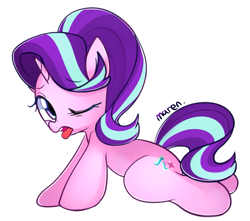 Size: 1449x1279 | Tagged: safe, artist:maren, character:starlight glimmer, species:pony, species:unicorn, g4, cute, drool, female, glimmerbetes, lying down, mare, one eye closed, open mouth, simple background, solo, tongue out, white background