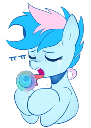 Size: 931x1303 | Tagged: safe, artist:maren, oc, oc only, oc:blue chewings, species:earth pony, species:pony, g4, candy, crying, food, licking, lollipop, male, simple background, solo, stallion, tongue out