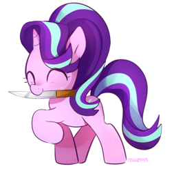 Size: 1197x1173 | Tagged: safe, artist:maren, character:starlight glimmer, species:pony, species:unicorn, g4, cute, dangerous, eyes closed, female, glimmerbetes, happy, knife, mare, mouth hold, raised hoof, simple background, smiling, solo, white background