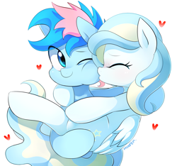 Size: 1600x1500 | Tagged: safe, artist:maren, oc, oc only, oc:blue chewings, oc:sherbet, species:pony, g4, couple, cute, eyes closed, female, kissing, male, mare, oc x oc, ocbetes, shipping, simple background, smiling, stallion, straight, white background