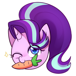 Size: 1159x1161 | Tagged: safe, artist:maren, character:starlight glimmer, species:pony, species:unicorn, g4, carrot, female, food, horn, mare, one eye closed, simple background, solo, wink