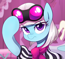 Size: 2777x2520 | Tagged: safe, artist:maren, character:photo finish, species:earth pony, species:pony, g4, carousel boutique, clothing, curtains, eye, eyes, female, looking at you, mannequin, mare, scarf, solo, sunglasses, table