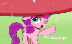 Size: 1500x921 | Tagged: safe, artist:maren, character:lily longsocks, species:earth pony, species:pony, g4, adorasocks, balancing, blushing, captain obvious, cute, dialogue, female, filly, floppy ears, hnnng, looking at you, looking up, one eye closed, open mouth, raised hoof, smiling, solo, stars, strong, super strength, sweet dreams fuel, truth, wink