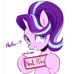 Size: 1500x1474 | Tagged: safe, artist:maren, character:starlight glimmer, species:pony, species:unicorn, g4, ask glim glam, cute, female, glimmerbetes, grin, hair over one eye, hello, hoof hold, looking at you, mare, sign, simple background, smiling, solo, squee, underhoof, white background