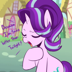 Size: 1500x1500 | Tagged: safe, artist:maren, character:starlight glimmer, species:pony, species:unicorn, g4, ask glim glam, dialogue, eyes closed, female, grammar error, mare, ponyville, smiling, solo