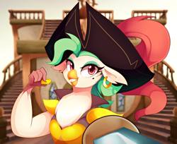 Size: 4404x3596 | Tagged: safe, artist:maren, character:captain celaeno, species:anthro, species:bird, g4, my little pony: the movie (2017), absurd resolution, beauty mark, clothing, ear piercing, earring, hat, jewelry, looking at you, piercing, pirate hat, smiling, solo, sword, weapon