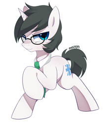 Size: 2046x2360 | Tagged: safe, artist:maren, oc, oc only, oc:deek, species:pony, species:unicorn, g4, commission, glasses, male, necktie, raised hoof, simple background, smiling, solo, stallion, white background