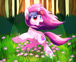 Size: 3018x2479 | Tagged: safe, artist:maren, oc, oc only, oc:purple eye, species:pony, species:unicorn, g4, crepuscular rays, female, flower, forest, glasses, grass, heterochromia, looking up, mare, open mouth, solo, sunglasses, windswept mane