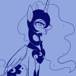 Size: 2500x2500 | Tagged: safe, artist:maren, character:nightmare moon, character:princess luna, species:alicorn, species:pony, g4, blue background, cute, cute little fangs, fangs, female, helmet, mare, monochrome, open mouth, simple background, sketch, smiling, solo