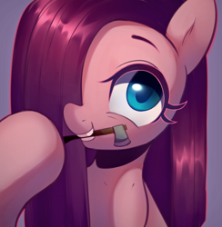 Size: 2441x2500 | Tagged: safe, artist:maren, character:pinkamena diane pie, character:pinkie pie, species:earth pony, species:pony, g4, axe, bust, color outline, female, hair over one eye, mare, mouth hold, purple background, simple background, smiling, weapon