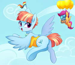 Size: 2014x1736 | Tagged: safe, artist:maren, character:scootaloo, character:windy whistles, species:pegasus, species:pony, g4, balloon, camera, clothing, cloud, cute, duo, female, filly, flag, floating, freckles, looking back, mare, mother, plot, rainbow flag, scootaloo can fly, shirt, smiling, spread wings, underhoof, windybetes, wings