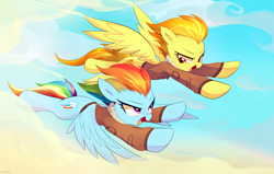 Size: 6698x4263 | Tagged: safe, artist:maren, character:rainbow dash, character:spitfire, species:pegasus, species:pony, g4, absurd resolution, awesome in hindsight, bomber jacket, clothing, cloud, commission, duo, duo female, eyebrows, featured on derpibooru, female, flying, hilarious in hindsight, jacket, looking at each other, looking at someone, mare, open mouth, open smile, race, sky, smiling, smiling at each other, spread wings, three quarter view, wings