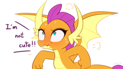 Size: 1200x672 | Tagged: safe, artist:maren, character:smolder, species:dragon, g4, blatant lies, blushing, cute, denial's not just a river in egypt, dragoness, female, i'm not cute, simple background, smolderbetes, smoldere, solo, tsundere