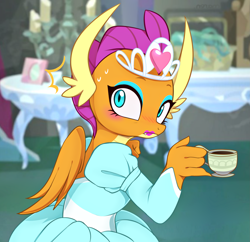 Size: 2817x2729 | Tagged: safe, artist:maren, character:smolder, species:dragon, episode:what lies beneath, g4, my little pony: friendship is magic, blushing, clothing, cup, cute, dragoness, dress, female, food, jewelry, princess outfit, princess smolder, smolderbetes, solo, tea, teacup, tiara