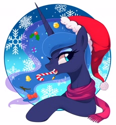 Size: 4100x4429 | Tagged: safe, artist:maren, character:princess luna, species:alicorn, species:pony, g4, absurd resolution, bell, bow, candy, candy cane, christmas, clothing, cute, female, food, hair bow, hat, holiday, holly, looking at you, mare, mouth hold, pretty, santa hat, scarf, simple background, snow, snowflake, solo, transparent background