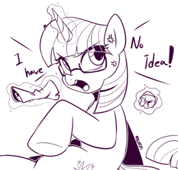 Size: 2500x2400 | Tagged: safe, artist:maren, character:twilight sparkle, character:twilight sparkle (unicorn), species:pony, species:unicorn, g4, cross-popping veins, cute, dialogue, eye clipping through hair, glasses, glowing horn, magic, monochrome, open mouth, solo, telekinesis, twiabetes