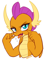 Size: 1985x2610 | Tagged: safe, artist:maren, character:smolder, species:dragon, g4, akanbe, cute, dragoness, eyelid pull, female, looking at you, simple background, smolderbetes, smoldere, solo, tongue out, tsundere, white background