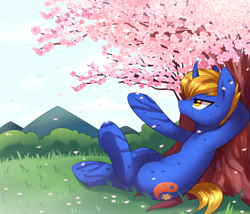 Size: 2800x2400 | Tagged: safe, artist:maren, oc, oc only, oc:rising dusk, species:pony, species:unicorn, g4, commission, male, smiling, solo, stallion, tree