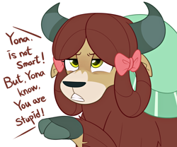 Size: 3000x2500 | Tagged: safe, artist:maren, character:yona, species:yak, g4, bow, burn, cute, dialogue, female, hair bow, lidded eyes, monkey swings, reaction image, simple background, solo, talking to viewer, truth, white background, yonadorable