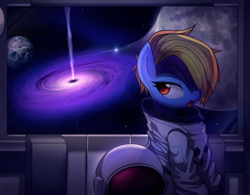 Size: 3071x2400 | Tagged: safe, artist:maren, oc, oc only, species:pony, g4, astronaut, clothing, commission, earth, hair over one eye, quasar, solo, space, space suit, window