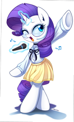 Size: 2560x4237 | Tagged: safe, artist:maren, character:rarity, species:pony, species:unicorn, g4, bipedal, chibi, clothing, cute, female, glasses, glowing horn, headset, horn, idol, levitation, magic, mare, microphone, moe, music notes, one eye closed, open mouth, raribetes, semi-anthro, shirt, simple background, singing, skirt, solo, standing, telekinesis, underhoof, white background, wink