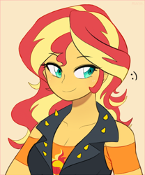 Size: 914x1097 | Tagged: safe, artist:maren, character:sunset shimmer, species:human, g4, my little pony:equestria girls, :), breasts, bust, cleavage, clothing, cute, cutie mark on clothes, female, shimmerbetes, simple background, smiley face, smiling, solo, yellow background